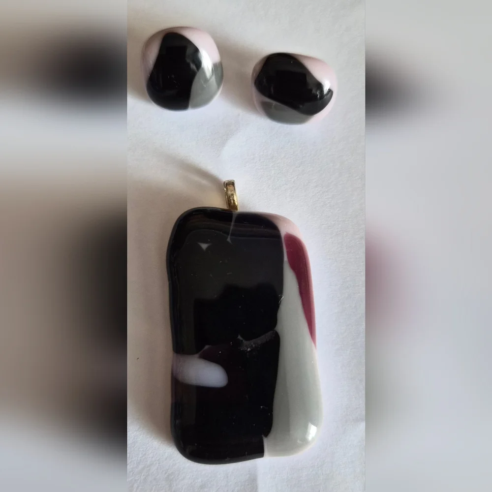 Handmade Black, White & Pink Glass Pendant and Earring Set